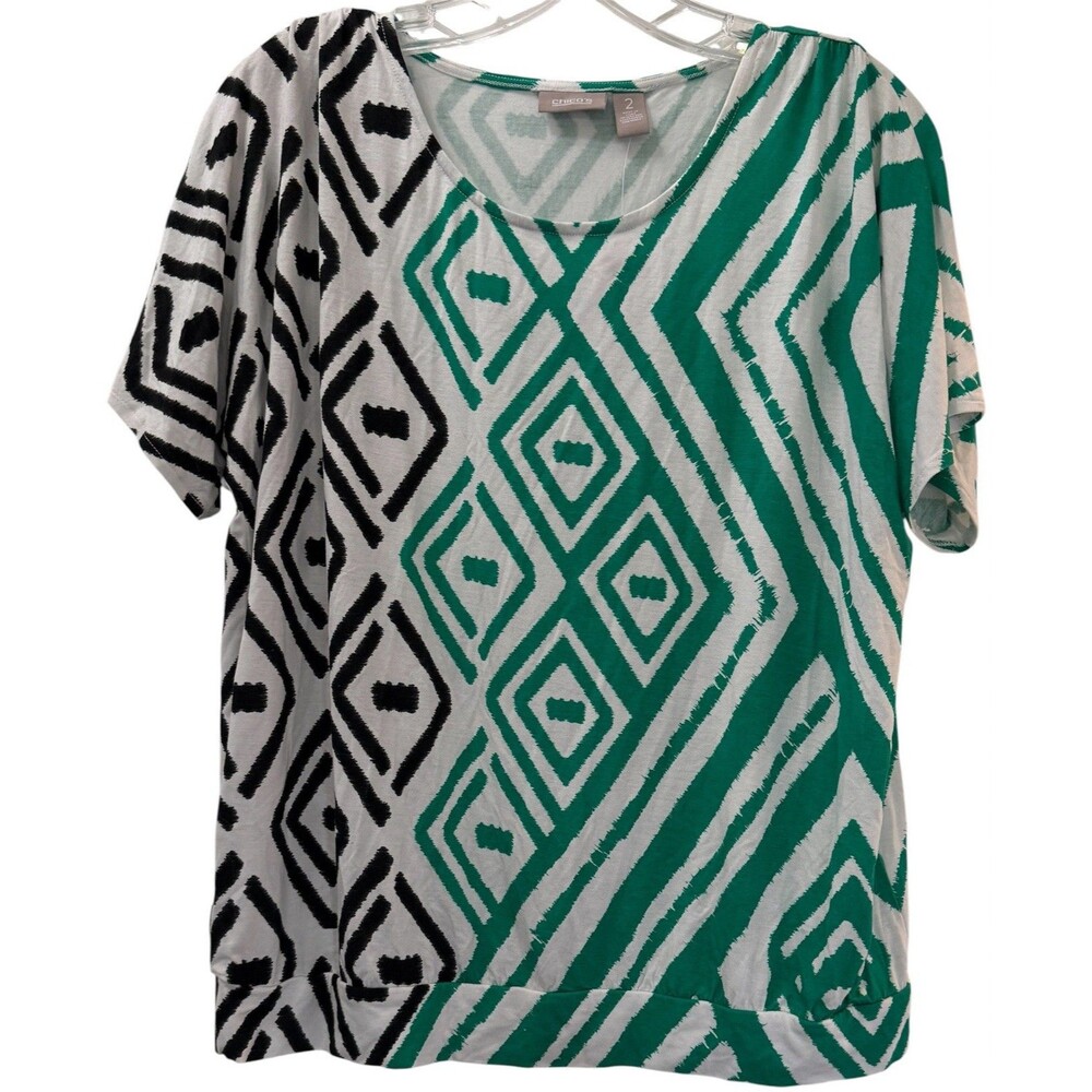 Chicos Chop it Marissa Band Top Size Large (2) 12/14 Vivid Green Abstract NWT